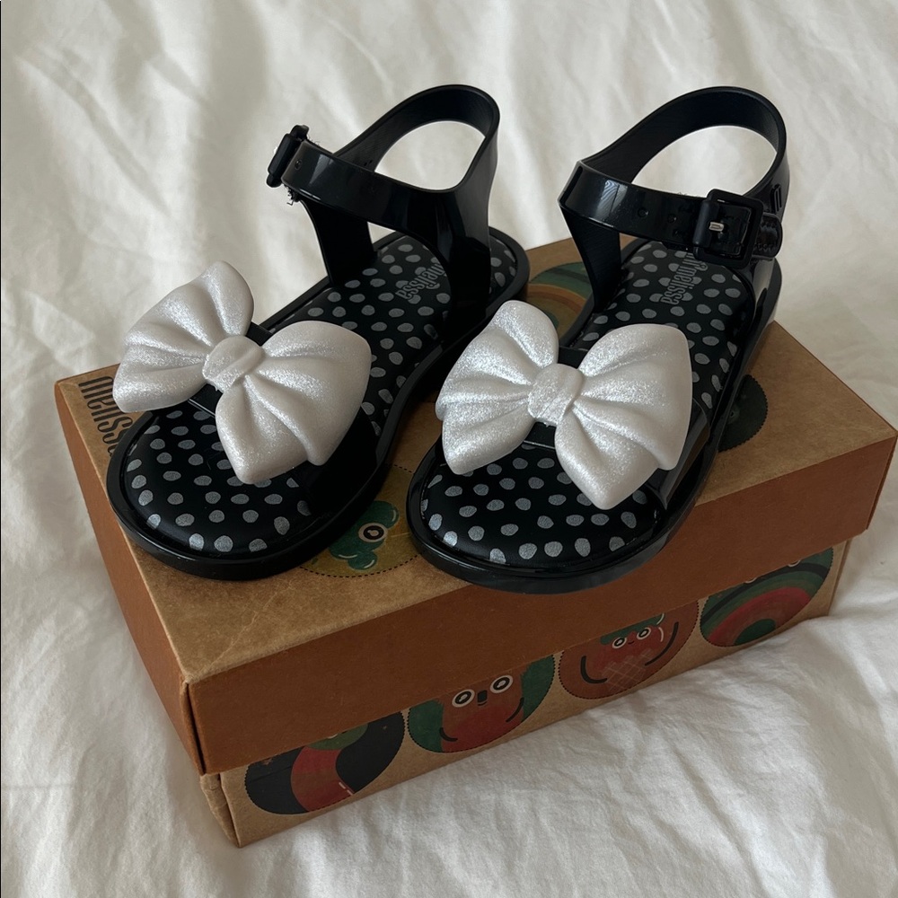 New - Mini Melissa Black Sandals with Sparkly White Bows